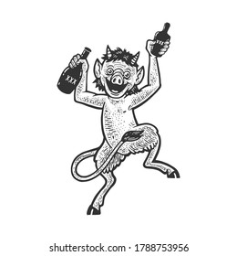 devil with bottles of alcohol delirium tremens metaphor sketch engraving vector illustration. T-shirt apparel print design. Scratch board imitation. Black and white hand drawn image.