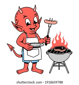 DEVIL BOY IS GRILLING MEAT COLOR WHITE BACKGROUND