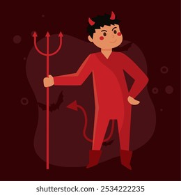 Devil boy with horns and trident for Halloween, Vector