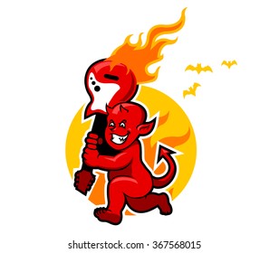 Devil boy running with flaming guitar in his hand 