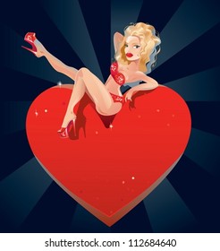 Devil brunette. The vector illustration of a girl sitting on a big heart.