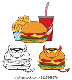 Devil Burger Cartoon Character Design. Vector Collection Set Isolated On White Background