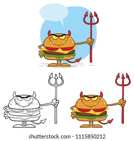 Devil Burger Cartoon Character Holding A Trident. Vector Collection Set Isolated On White Background