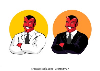 Devil in business suit. Red demon white jacket. Satan with horns black clothes. whitey shirt and ebon tie. Director of underworld Sheol. Master in fires of hell. Lucifer with moustache and smile
