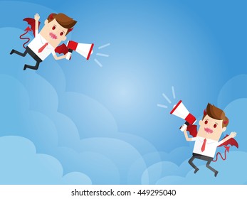 devil businessman announced by megaphone loudspeaker on blue sky background