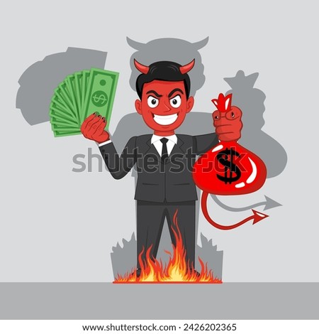 Devil businessman holding evil money. illustration vector eps10 cartoon.