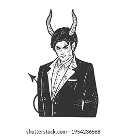 Devil businessman man sketch engraving vector illustration. T-shirt apparel print design. Scratch board imitation. Black and white hand drawn image.