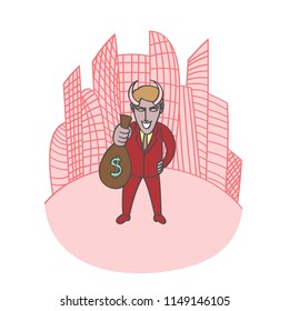 Devil businessman and money bag cartoon with building background