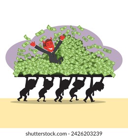 Devil businessman on pile of evil money banknote. illustration vector eps10 cartoon.