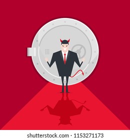 Devil businessman standing in front of a safe door.