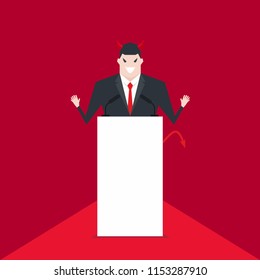 Devil businessman talking on podium.