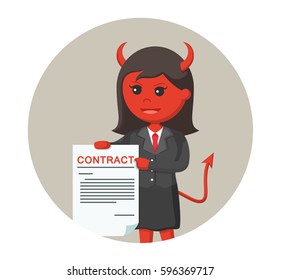 devil businesswoman offering contract in circle background