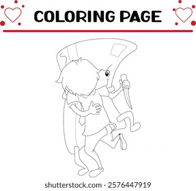 devil card with knife is hugging young man coloring page for kids