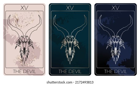 The Devil. A card of Major arcana one line drawing tarot cards. Tarot deck. Vector linear hand drawn illustration with occult, mystical and esoteric symbols. 3 colors. Proposional to 2,75x4,75 in.