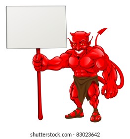 A devil cartoon character illustration standing with sign
