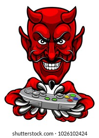 A devil cartoon character player gamer esports sport mascot holding a video games controller