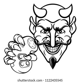A devil cartoon character player gamer esports sport mascot holding a video games controller