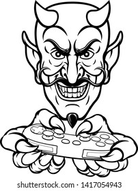 A devil cartoon character player gamer esports sport mascot holding a video games controller