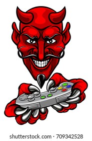 A devil cartoon character player gamer esports sport mascot holding a video games controller
