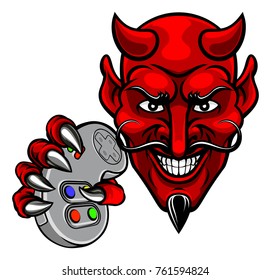 A devil cartoon character player gamer esports sport mascot holding a video games controller