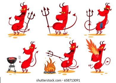 Devil cartoon character set. Funny demon with horns, tail and trident. Cute red monster in different poses. Vector illustration isolated on white background.