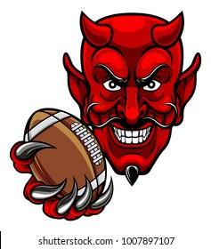 A devil cartoon character sports mascot holding an American football ball