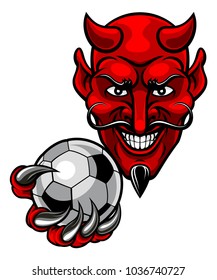 A devil cartoon character sports mascot holding a soccer football ball