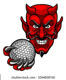 A devil cartoon character sports mascot holding a golf ball