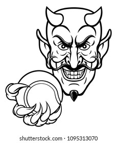 A devil cartoon character sports mascot holding a tennis ball