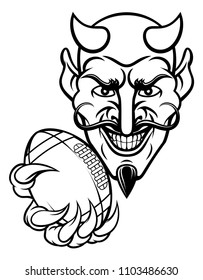 A devil cartoon character sports mascot holding an American football ball