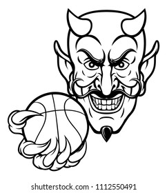 A devil cartoon character sports mascot holding a basketball ball