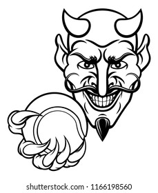 A devil cartoon character sports mascot holding a tennis ball