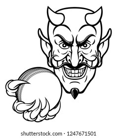 A devil cartoon character sports mascot holding a cricket ball