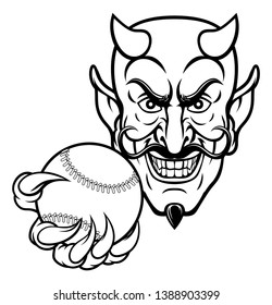 A devil cartoon character sports mascot holding a baseball ball