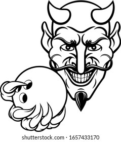 A devil cartoon character sports mascot holding a ten pin bowling ball