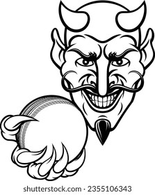 A devil cartoon character sports mascot holding a cricket ball