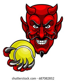 A devil cartoon character sports mascot holding a tennis ball