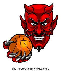 A devil cartoon character sports mascot holding a basketball ball