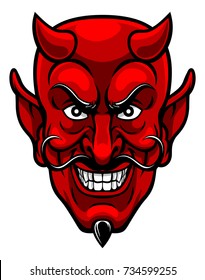 A devil cartoon character sports mascot face with an evil grin