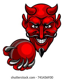 A devil cartoon character sports mascot holding a cricket ball