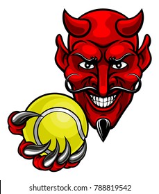 A devil cartoon character sports mascot holding a tennis ball