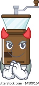 Devil cartoon coffee grinder above wooden table