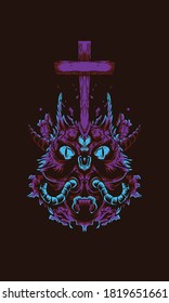 devil cat with a cross illustration.