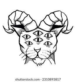 Devil Cat Diablo Vector Art. Cat Head Vector Illustration. Black and White Illustration