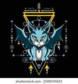 Devil Cat Illustration with Sacred Geometrical 5 For Tshirt Design