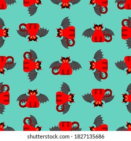 Devil cat pattern seamless. Satan pet background. Red demon animal texture. vector ornament