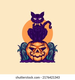 Ilustración De Halloween De Gato Diablo Y Calabaza Para Mercancías