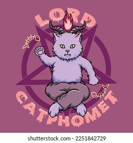 Devil Cat Sitting Cross-Legged Ritual for Fish Vector Illustration