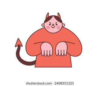 Devil character with evil smile on his face. Vector illustration of demon with horns and tail scheming sinister plans. Isolated elements on white background.