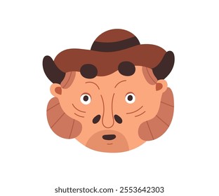 Devil character with horns, funny comic folklore face avatar. Curious surprised expression, mystic fantasy weird man in hat, head portrait. Flat vector illustration isolated on white background